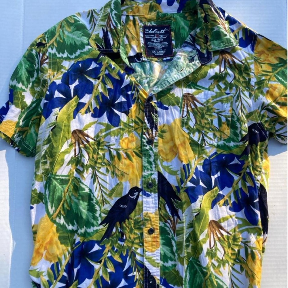Blacksmith blue, yellow, and green floral cotton shirt in 2XL funky fun